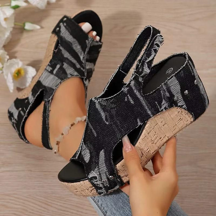 DenimLift - Women Cork Denim Wedge Sandals