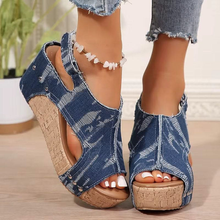 DenimLift - Women Cork Denim Wedge Sandals
