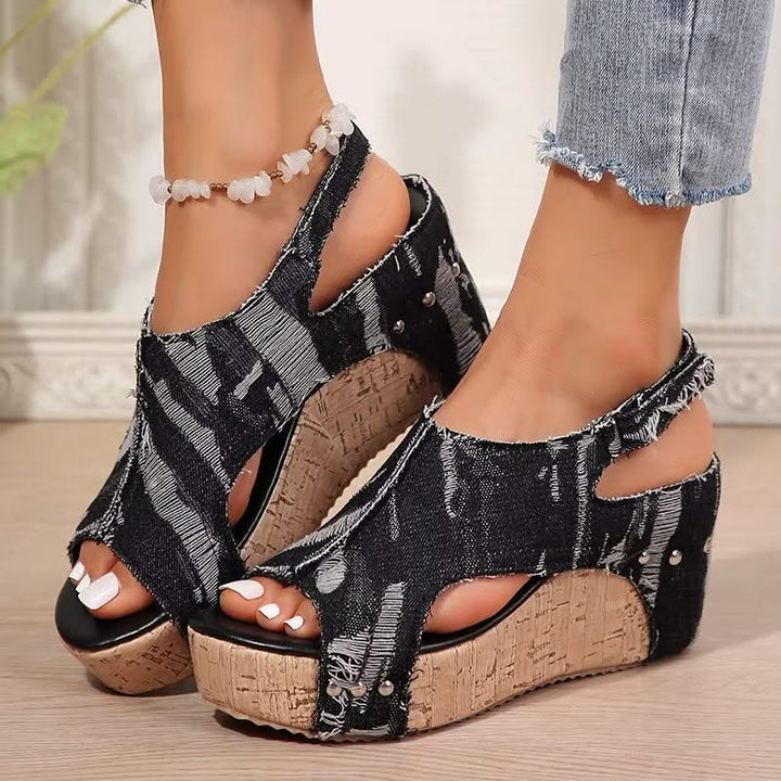 DenimLift - Women Cork Denim Wedge Sandals