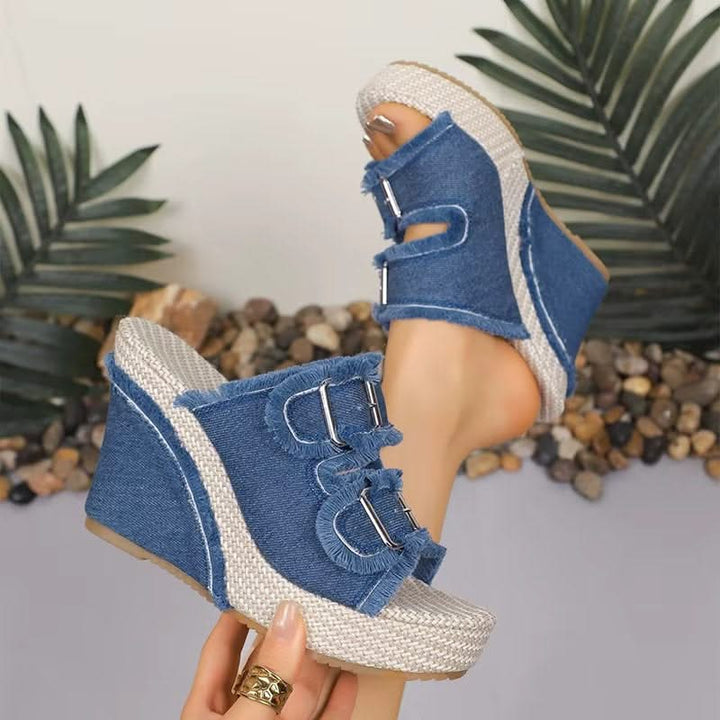 UrbanChic – Chunky Denim Buckle Wedge Sandals