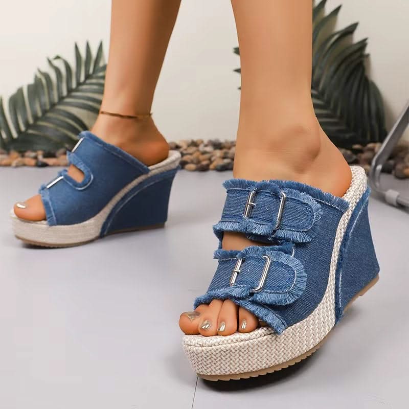 UrbanChic – Chunky Denim Buckle Wedge Sandals