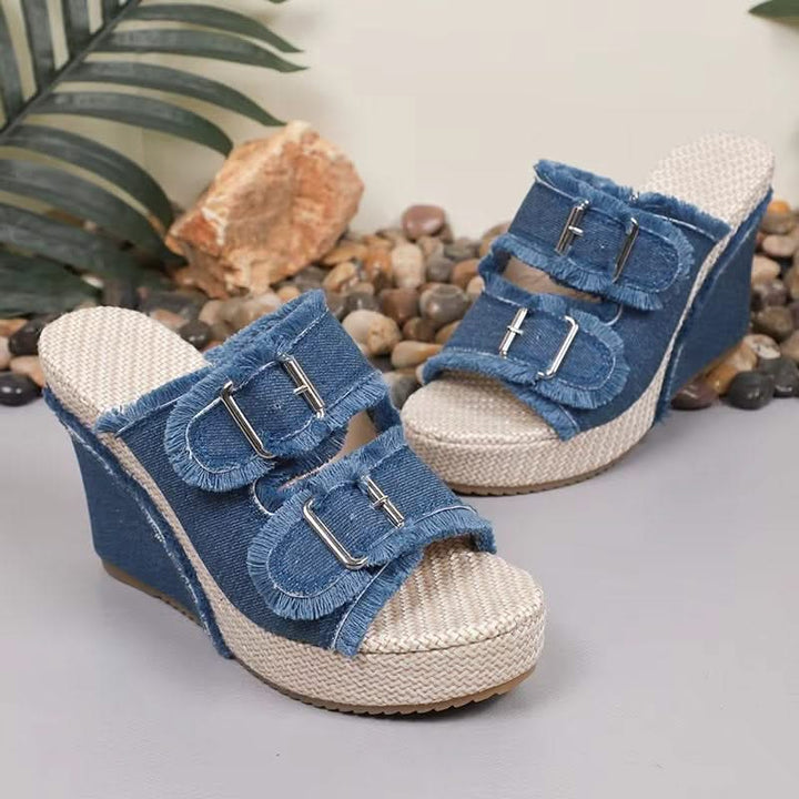 UrbanChic – Chunky Denim Buckle Wedge Sandals