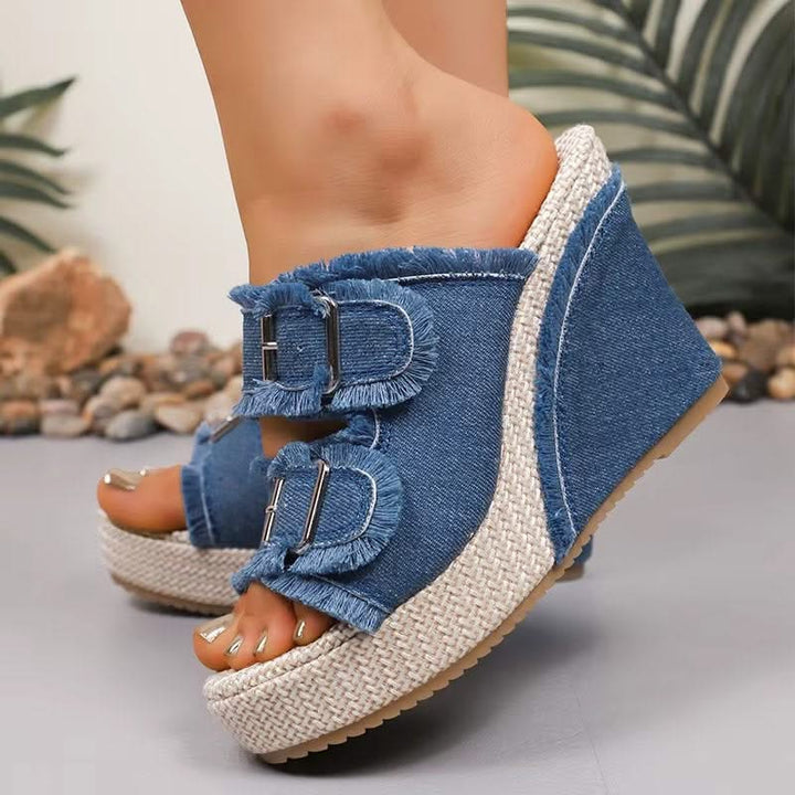 UrbanChic – Chunky Denim Buckle Wedge Sandals