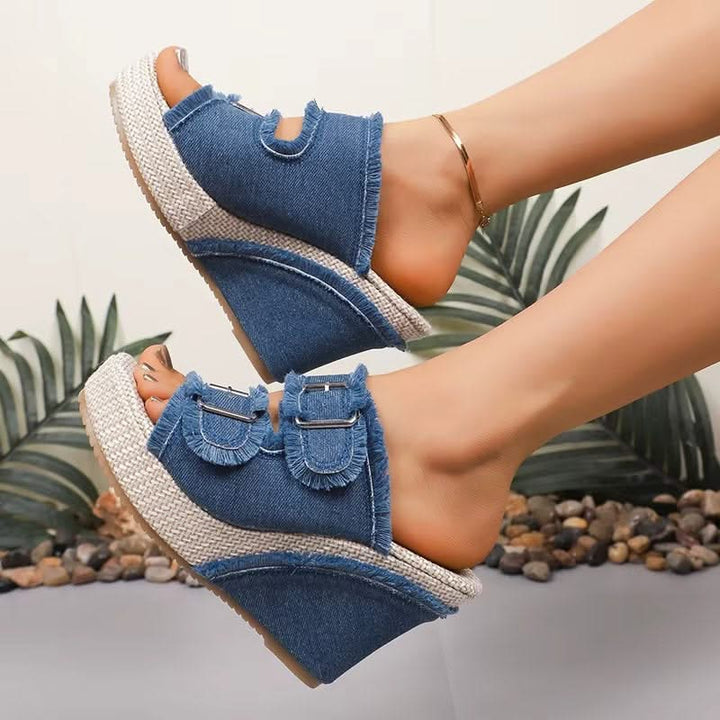 UrbanChic – Chunky Denim Buckle Wedge Sandals