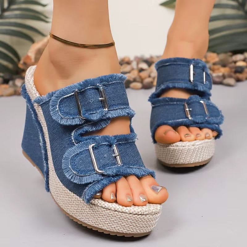 UrbanChic – Chunky Denim Buckle Wedge Sandals