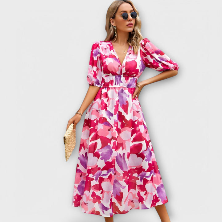 Abstract Maxi Dress with Balloon Sleeves