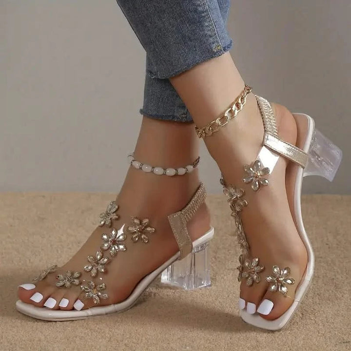 Women's Flower Rhinestone Block Heel Sandals